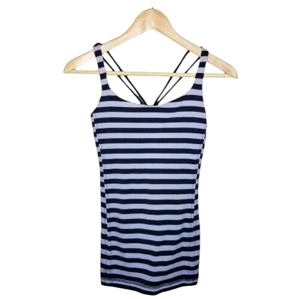 Lululemon Free To Be Tank Size 10 Striped Black Blue Stretch Racerback Fitcore